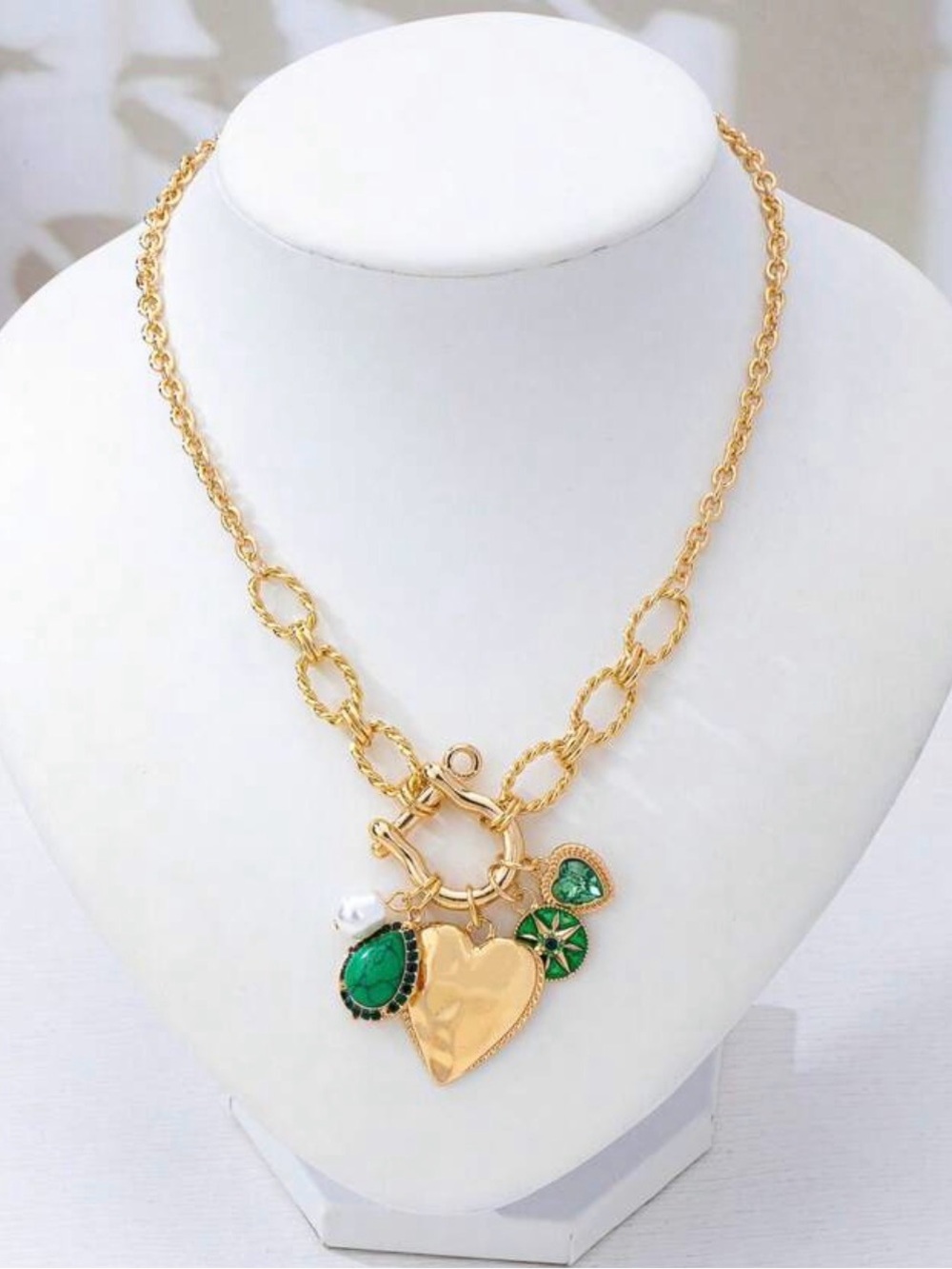 Western Horseshoe Necklace Gold Heart Charm Necklace with Green Gem Accents - Picture 2 of 5